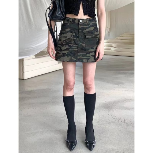 European and American high street camouflage workwear denim slit with leggings culottes versatile casual hot girl pocket hip skirt