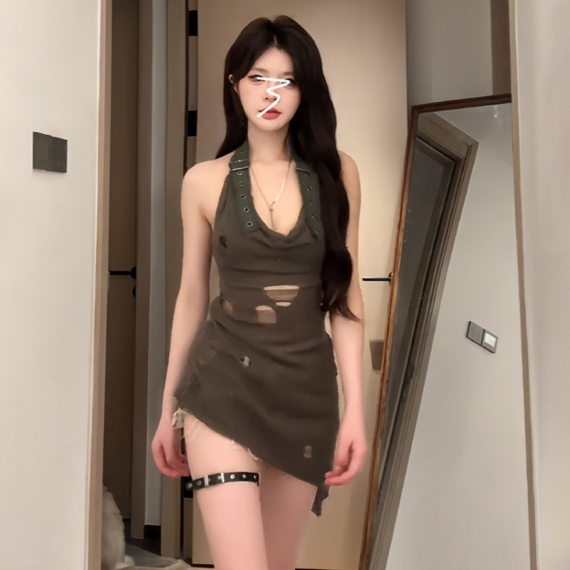 Pure lust style sexy hottie halterneck suspender women's summer new retro design niche hollow irregular top