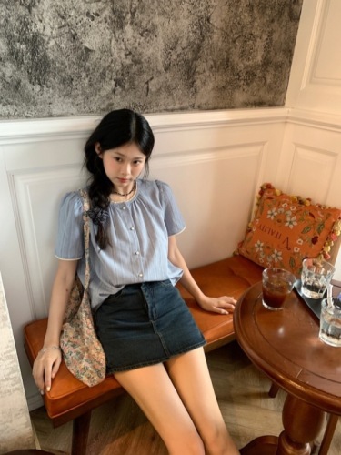 Real shot~French summer lace splicing design striped versatile texture short-sleeved shirt~