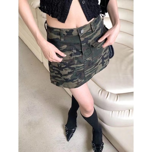 European and American high street camouflage workwear denim slit with leggings culottes versatile casual hot girl pocket hip skirt