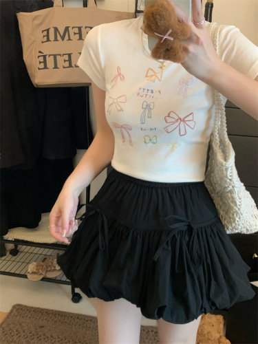 Real shot of French ballet style bow pleated tutu skirt for women A-line bud skirt lantern skirt skirt