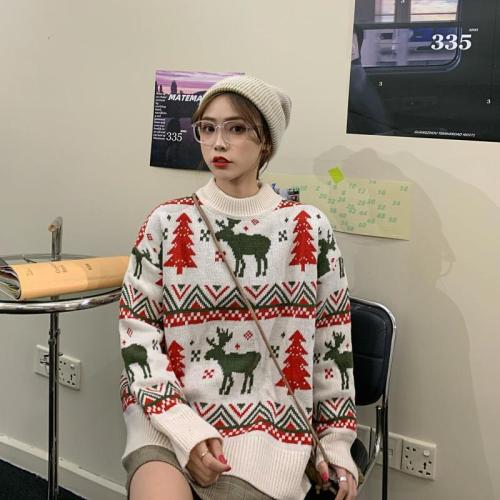 Korean Autumn/Winter Retro Christmas Reindeer Red Illustration Outerwear Loose Hooded Thick Knit Sweater for Women Friend Set