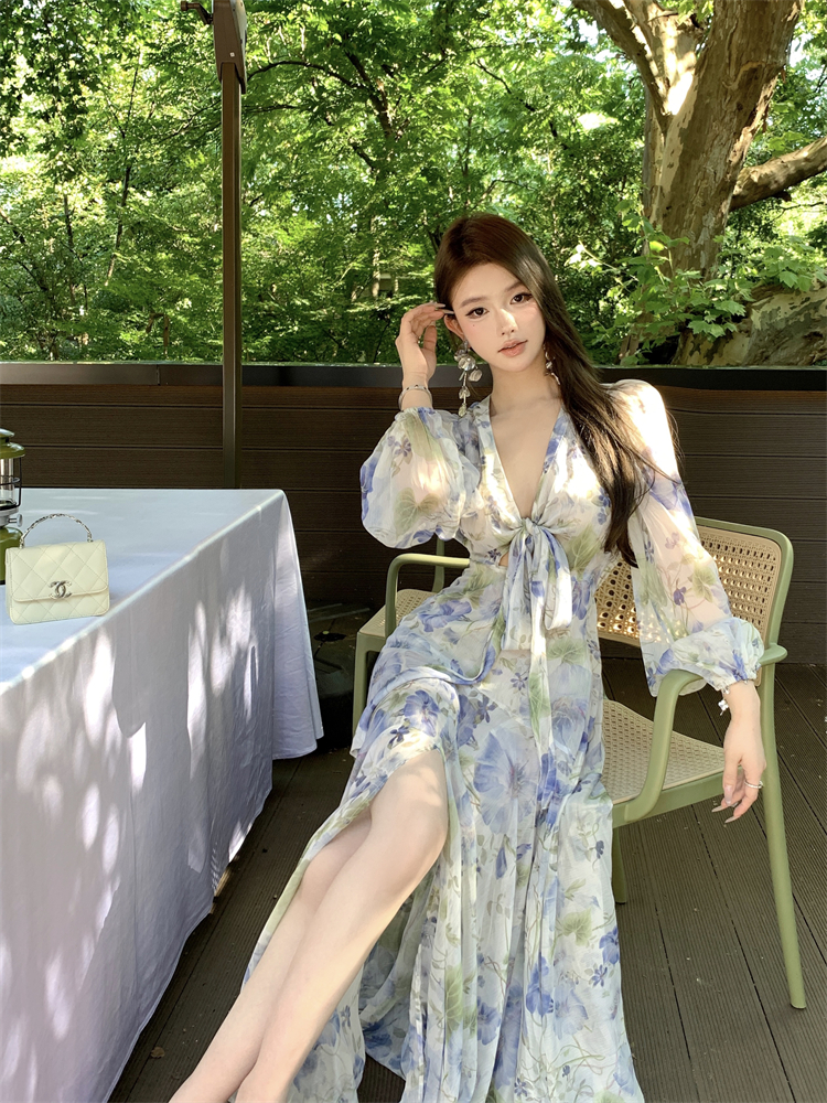 Real shot French chiffon floral dress, elegant V-neck waist slimming long skirt