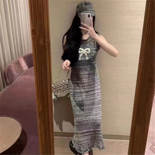 Summer new holiday style hollow round neck embroidered knitted vest dress slim and slim sleeveless long skirt