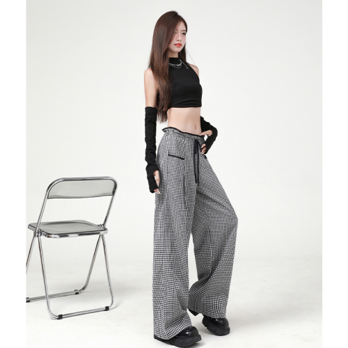 Actual shot of black and white plaid casual pants for women 2024 early autumn new high-waist slim design wide-leg trousers