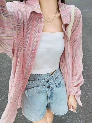 Summer Thin Loose Korean Style Sweet Smudged Pink Striped Shirt Women's Casual Shirt Sun Protection Clothes