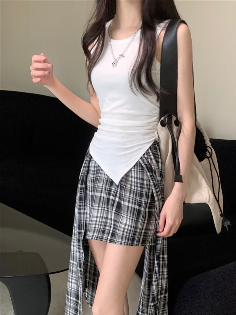 實拍 真 夏季不規則無袖背心上衣+不規則格子半身裙