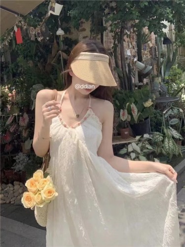 Pure lust style halterneck chiffon dress for women summer seaside vacation French backless skirt high-end white long skirt