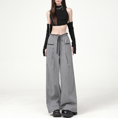 Actual shot of black and white plaid casual pants for women 2024 early autumn new high-waist slim design wide-leg trousers