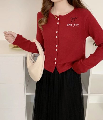 New bow knitted embroidered cardigan 2024 autumn niche design loose thin sweater jacket for women