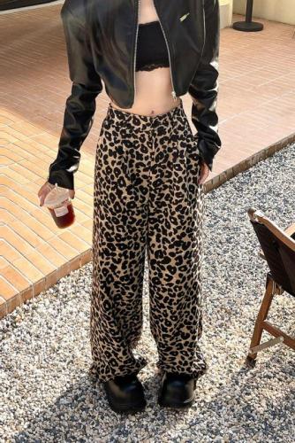 Actual shot ~ 2024 new Korean style leopard print wide-leg pants, versatile high-waisted, slim floor-length pants, straight pants