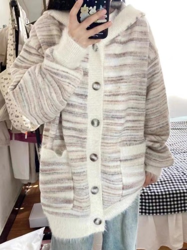 Japanese lazy style gradient striped hooded sweater jacket for women autumn and winter 2024 new loose knitted cardigan top