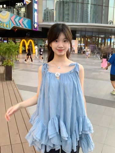 Real shot blue super fairy seaside vacation suspender dress top for women summer loose