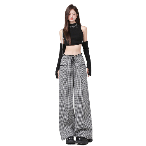 Actual shot of black and white plaid casual pants for women 2024 early autumn new high-waist slim design wide-leg trousers