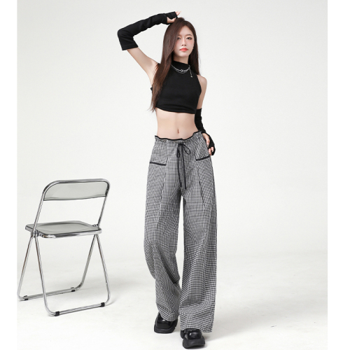 Actual shot of black and white plaid casual pants for women 2024 early autumn new high-waist slim design wide-leg trousers