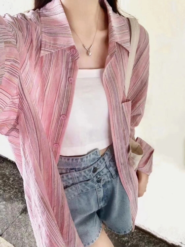 Summer Thin Loose Korean Style Sweet Smudged Pink Striped Shirt Women's Casual Shirt Sun Protection Clothes