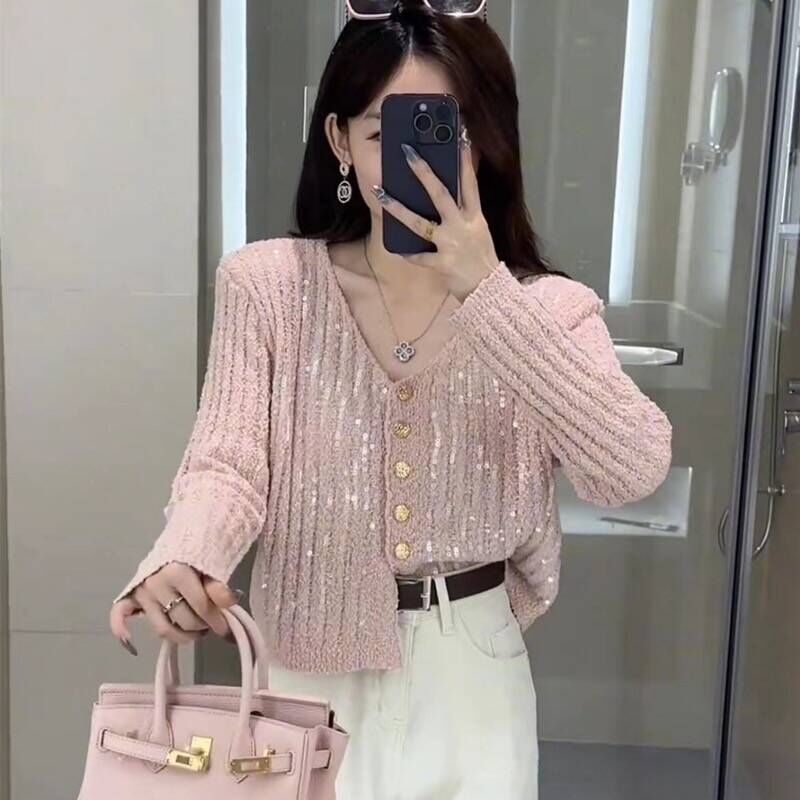 Barbie Siyu Mint Bubble Spring Collection Korean-Style Elegant Fashion V-Neck Pique Knit Top with Puffed Sleeves