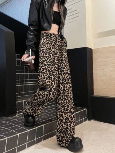 Actual shot ~ 2024 new Korean style leopard print wide-leg pants, versatile high-waisted, slim floor-length pants, straight pants