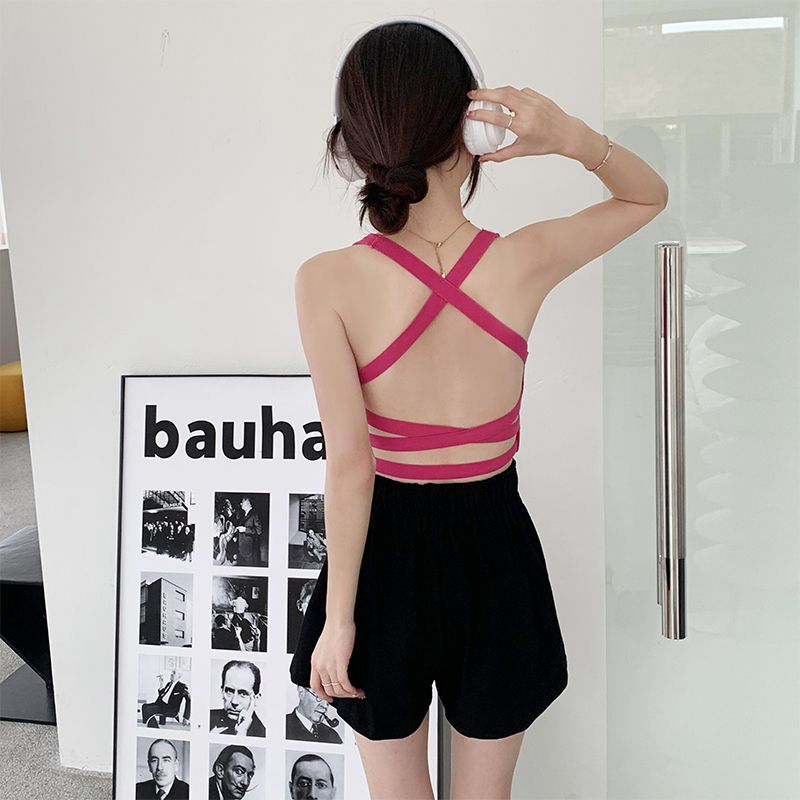 Actual shot ~ Sling women's underwear with beautiful back, knitted sleeveless backless top with breast pads