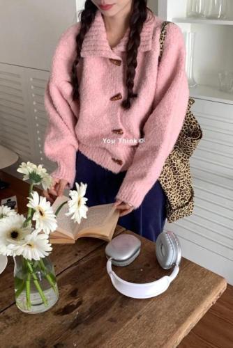 Korean internet celebrity cardigan sweater women's coat soft and comfortable autumn and winter loose short thickened horn button sweater