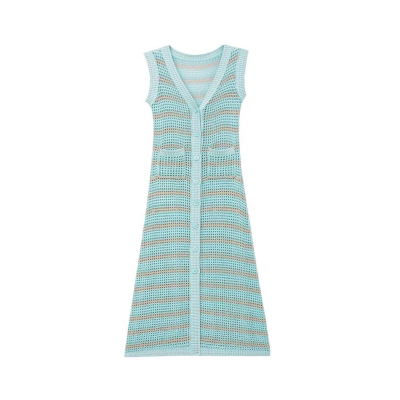 Mint diffuser style striped knitted cardigan dress 2024 summer new V-neck buttoned holiday long skirt