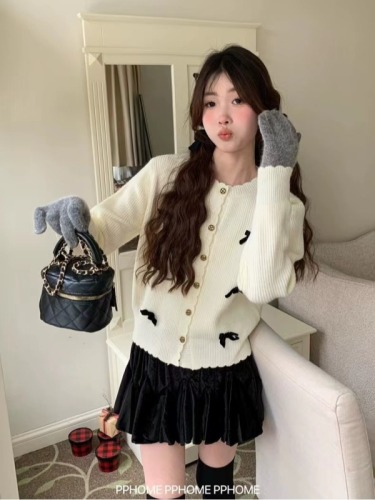 Korean chic winter niche temperament round neck bow decoration loose and versatile knitted cardigan sweater jacket for women