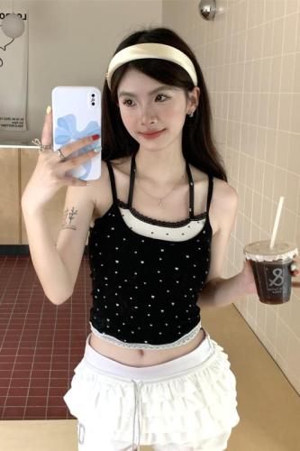 Real shot ~ Sweet and cool fake two-piece lace bow printed camisole with breast pads slimming top