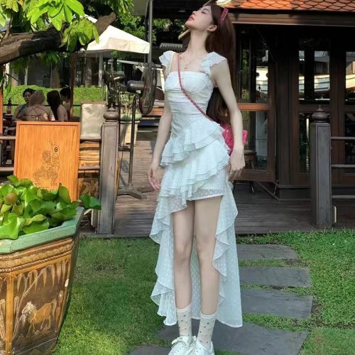 ffcheer Hanoyama Man printed polka dot small flying sleeve dress summer female irregular hot girl trailing long skirt