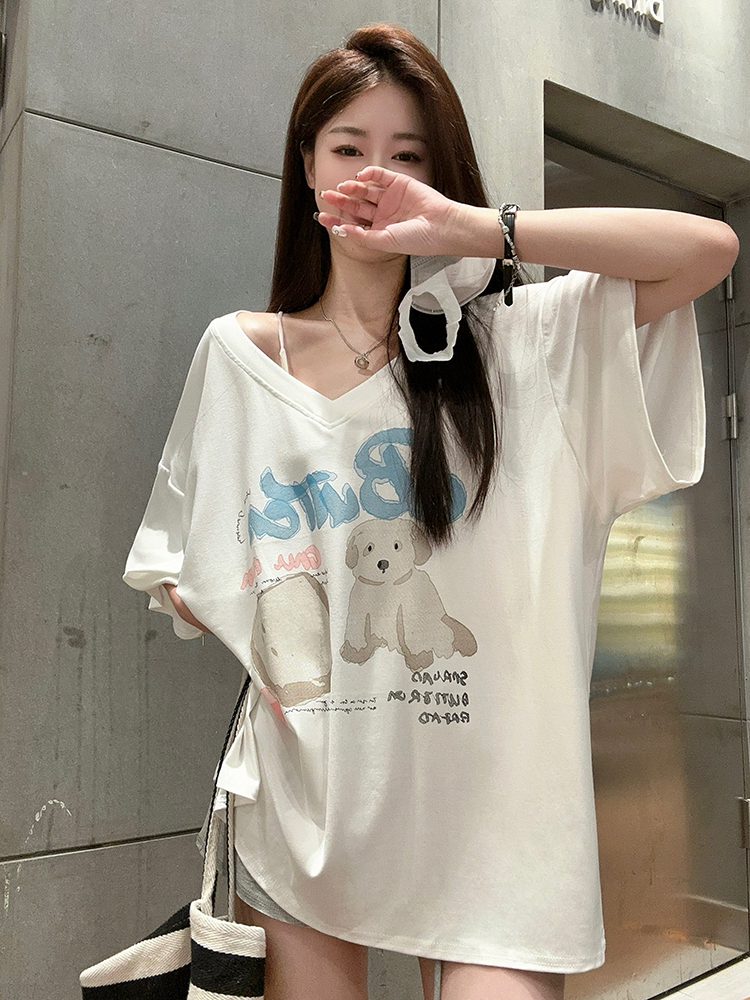 Original Design ~ Real Shot ~ V-Neck Short-Sleeve T-Shirt for Women, Fashionable, Unconventional, Loose Oversize, Drop Shoulder Half-Sleeve Top