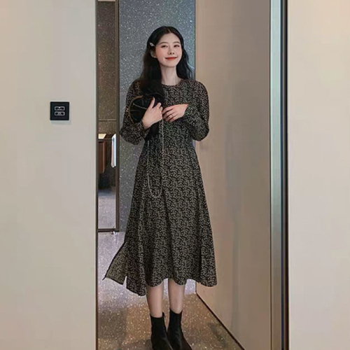 2024 Spring and Autumn French Retro Black Floral Dress Women's Waist Slim Long Sleeve Bottoming Chiffon Long Skirt