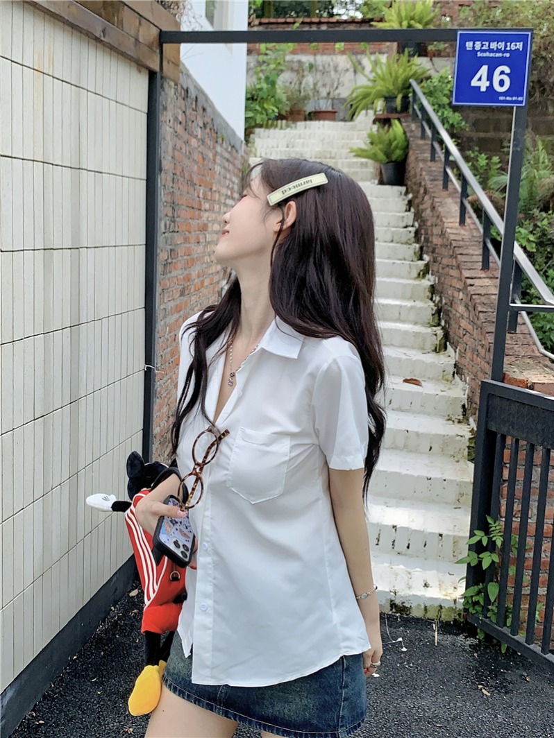 實拍 純色寬鬆休閒夏季減齡短袖襯衫外套