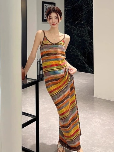 French seaside resort knitted dress for women summer colorful striped suspender skirt long temperament V-neck long skirt