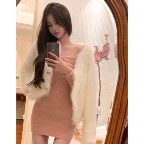 JMSHOP Meimei sister off-shoulder knitted dress autumn and winter design pure desire with sweater skirt