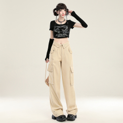 Fall New American Workwear Jeans for Women with Flare Design High-Waist Loose Slimming Casual Wide Leg Pants