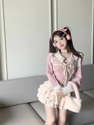 Small sweet suit pink doll collar long-sleeved shirt top women's spring and autumn cake skirt two-piece set