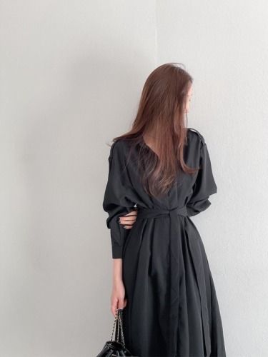 Chic autumn design lapel long-sleeved dress women's mid-length strappy shirt dress