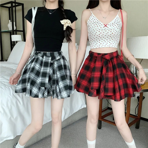 American hot girl contrasting color patchwork plaid shirt-like versatile irregular skirt