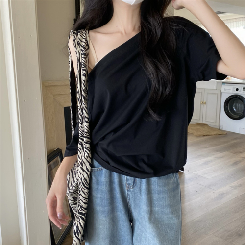 Photographed Loose Casual One-Shoulder Layered Short-Sleeve T-Shirt for Women Summer 2024 New Top