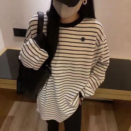 Korean style autumn and winter loose striped face bottoming shirt lazy style long-sleeved T-shirt top ins trendy thin top