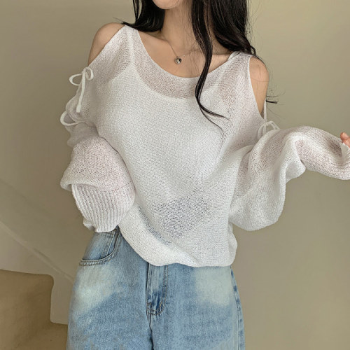 Actual shot Korean style loose see-through shoulder slit brochure long-sleeved sweater top dropped shoulder sleeve sweater