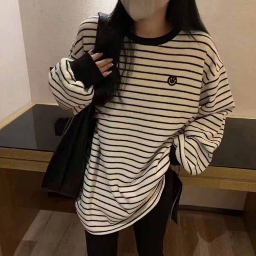 Korean style autumn and winter loose striped face bottoming shirt lazy style long-sleeved T-shirt top ins trendy thin top