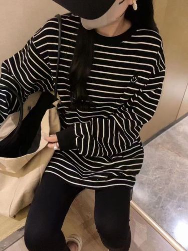 Korean style autumn and winter loose striped face bottoming shirt lazy style long-sleeved T-shirt top ins trendy thin top