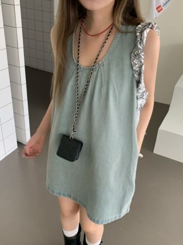 Real shot 2024~Sweet retro light blue denim vest dress loose U-neck short sleeveless dress