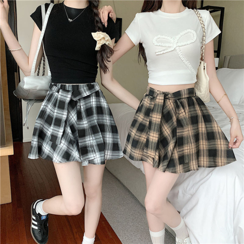 American hot girl contrasting color patchwork plaid shirt-like versatile irregular skirt