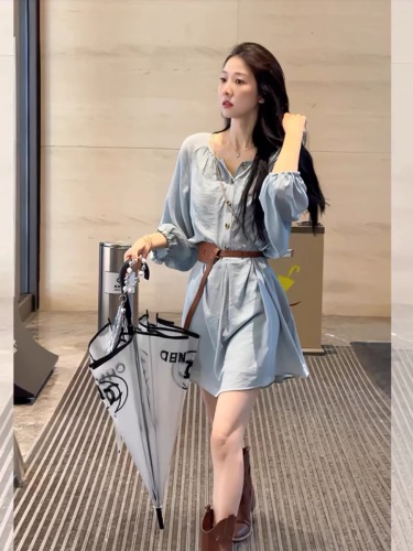 Jeju Evening Breeze Blue Short Resort Style Dress A-Line Long Skirt 2024 Summer Temperament Belt Short Skirt