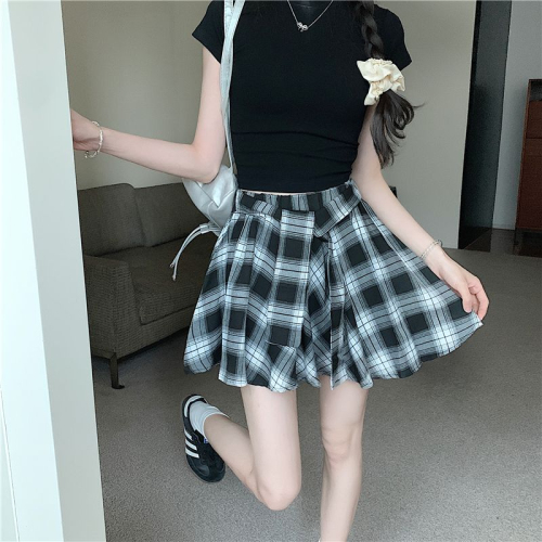 American hot girl contrasting color patchwork plaid shirt-like versatile irregular skirt