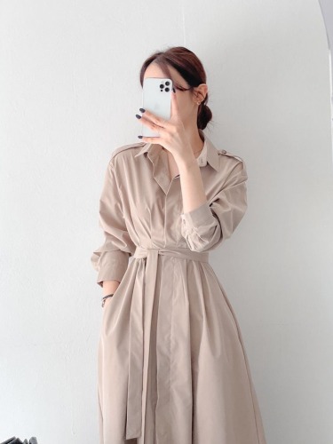 Chic autumn design lapel long-sleeved dress women's mid-length strappy shirt dress