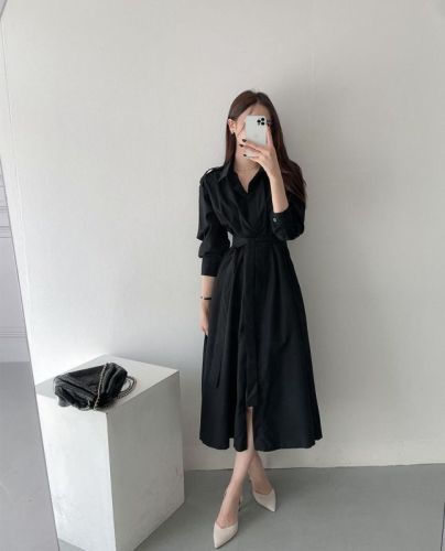 Chic autumn design lapel long-sleeved dress women's mid-length strappy shirt dress