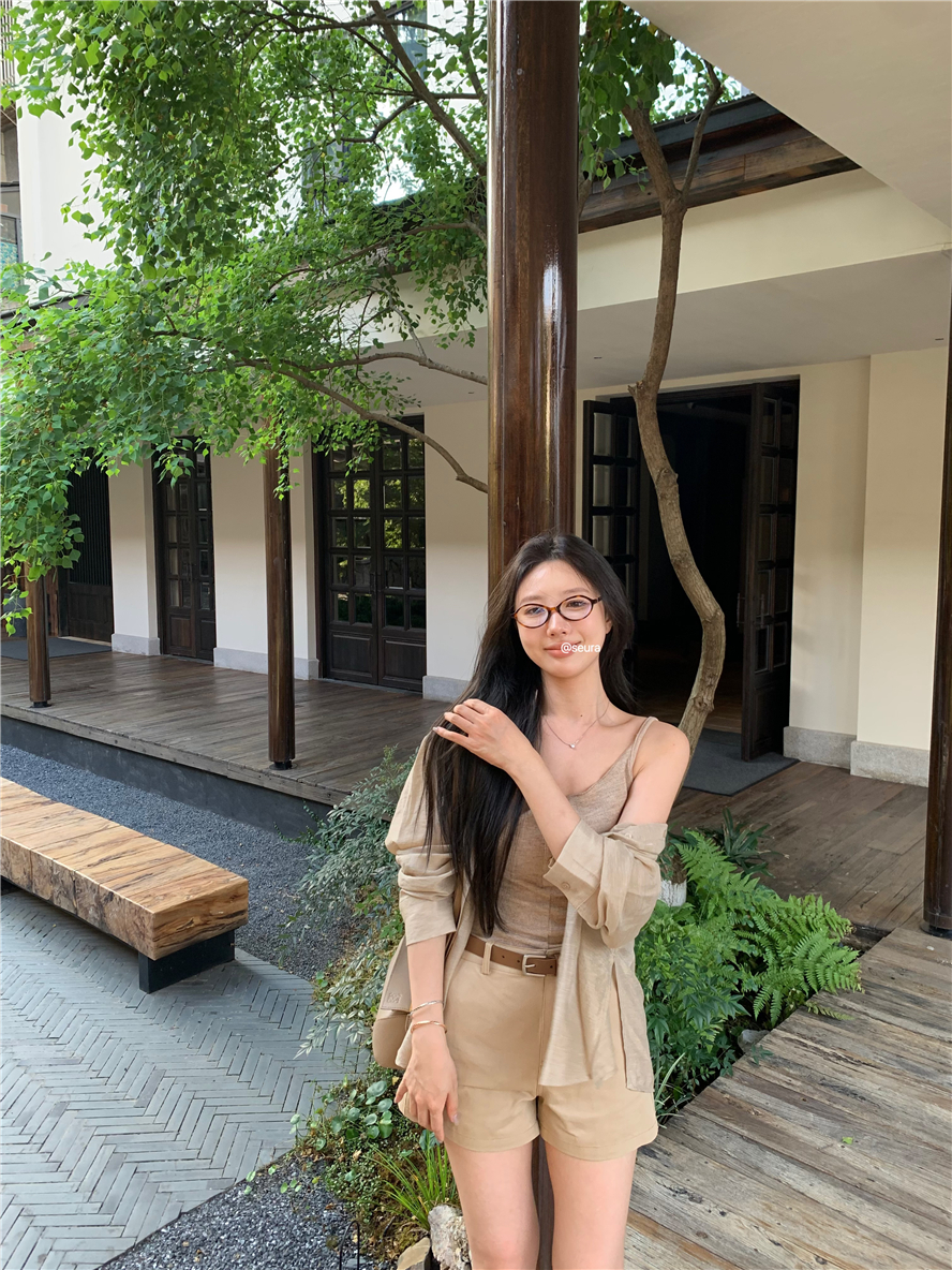 Real shot curled casual short high-waisted straight pants long-sleeved shirt summer air-conditioned shirt sun protection shirt suit