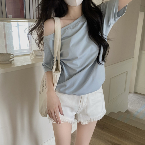Photographed Loose Casual One-Shoulder Layered Short-Sleeve T-Shirt for Women Summer 2024 New Top